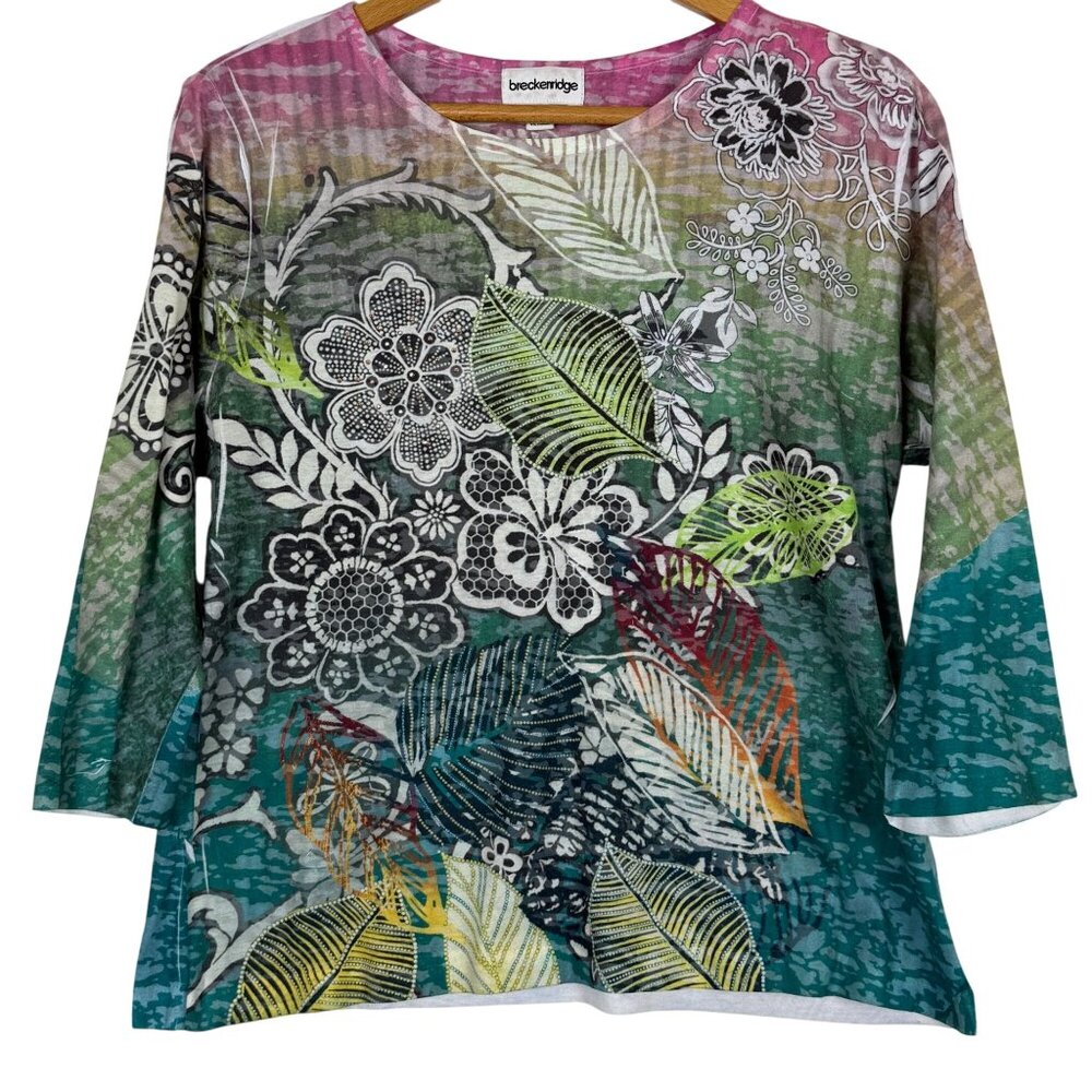 Breckenridge Floral Leaf Print Top Women's Medium 3/4 Sleeve Studded Detail